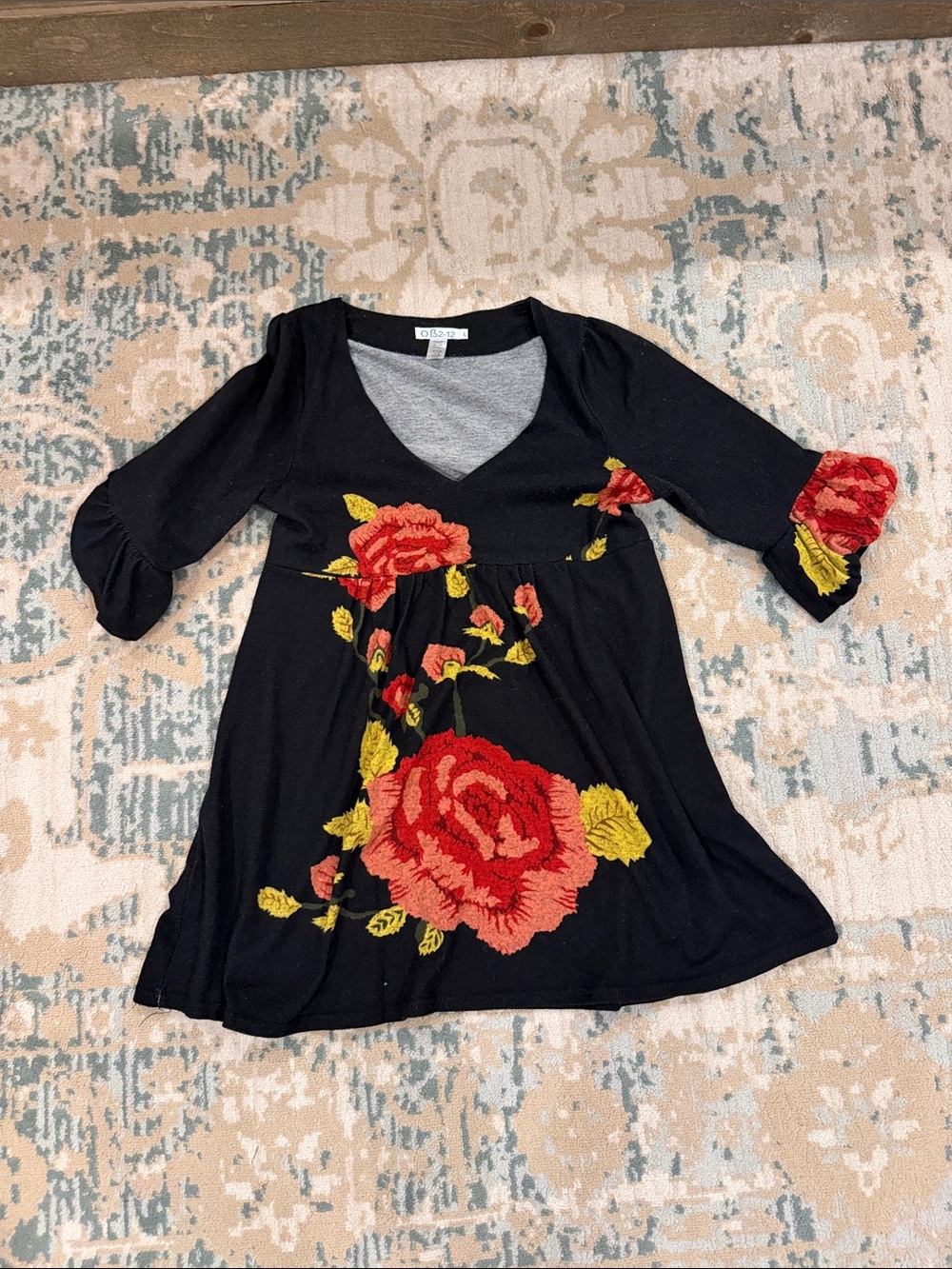 Black Floral Embroidered V-Neck Women's Top
